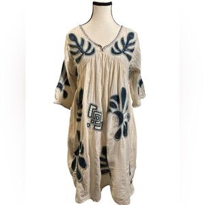 Boho Cream and Blue Embroidered Mini Dress